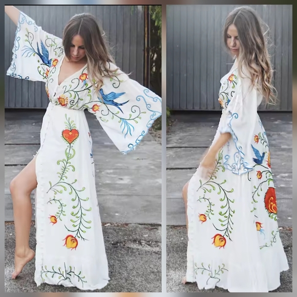 Bohemian White Maxi Dress with Floral Embroidery - Picture 1 of 12